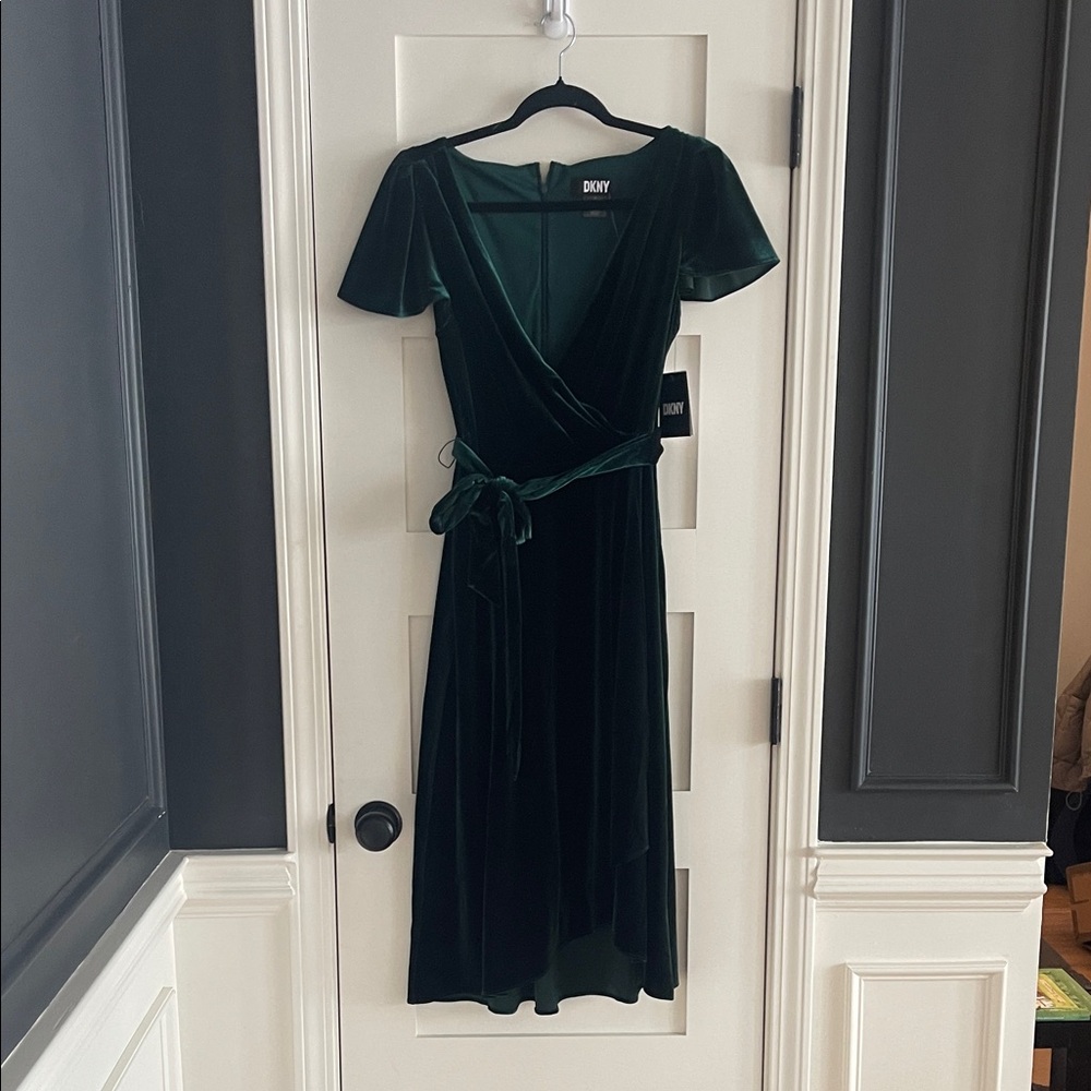 Dkny Emerald Green Velvet Midi Wrap Dress